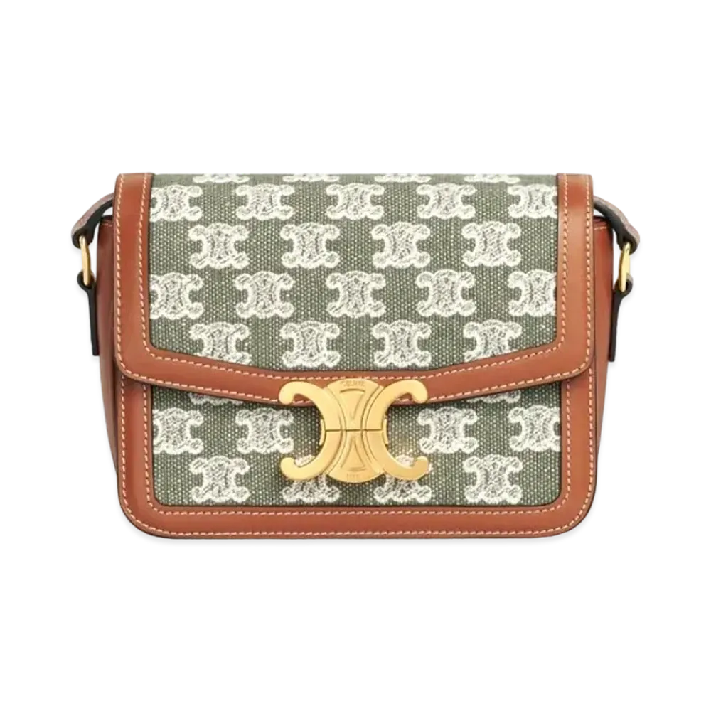 CELINE Teen Triomphe Bag in Textile with Triomphe Embroidery and Calfskin "Khaki"