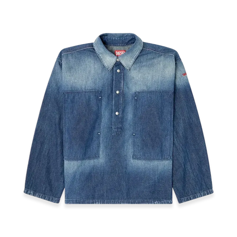 Diesel De-Priss Henley Top In Contrast-Effect Denim "Medium Blue"