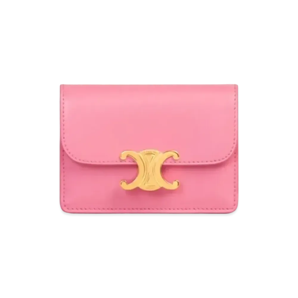CELINE Card Holder with Flap in Shiny Calfskin "Flamingo"