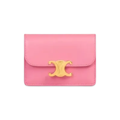 CELINE Card Holder with Flap in Shiny Calfskin "Flamingo"