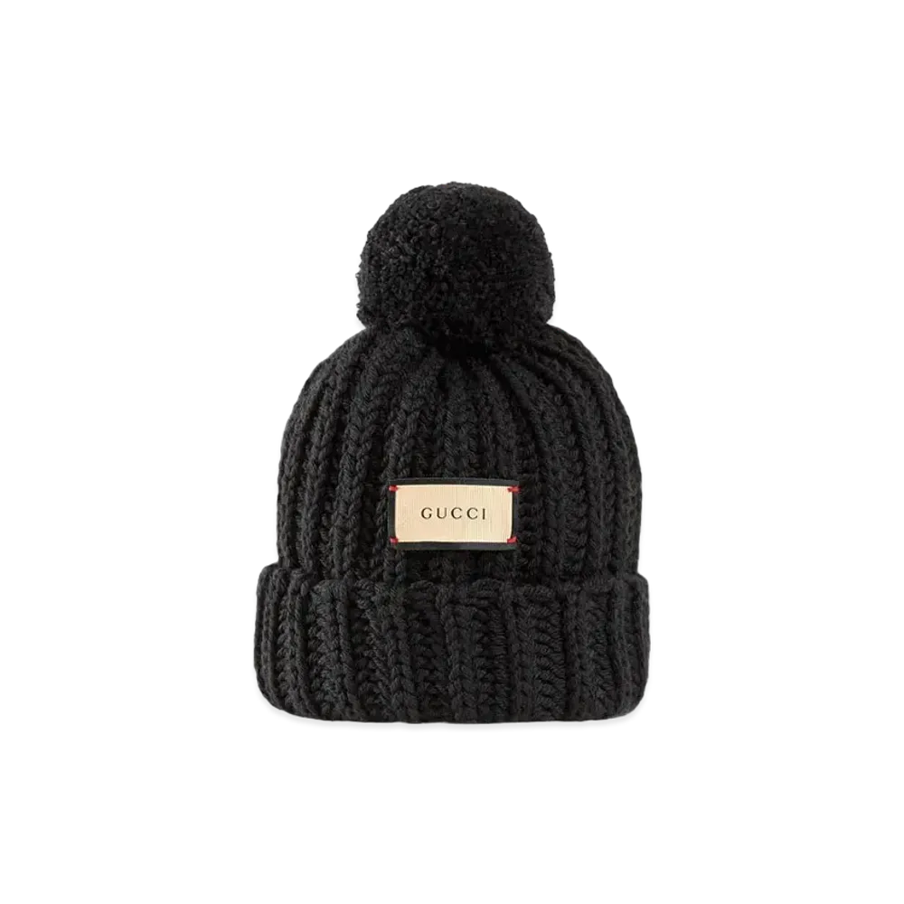 GUCCI Knit Wool Hat With Gucci Label "Black"