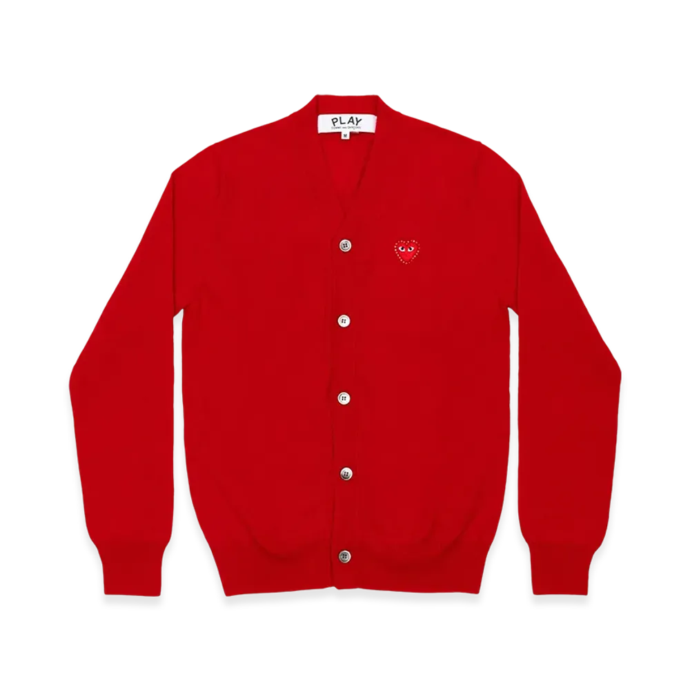 PLAY COMME des GARCONS Unisex V-Neck Cardigan with Emblem x Rhinestone "Red"