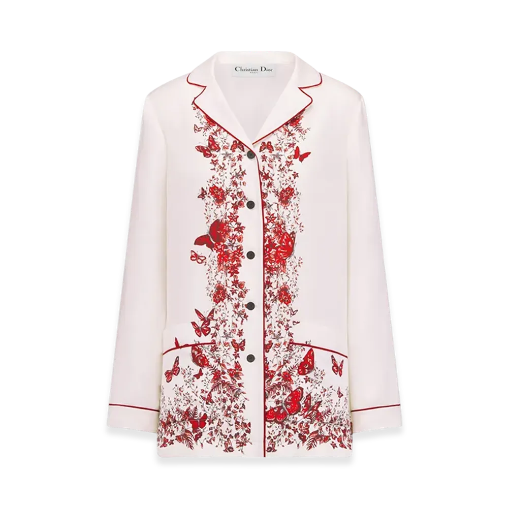 Dior Women's Shirt Silk Twill Le Coeurs Papillons Motif "White/Red"