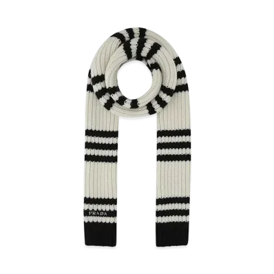 PRADA Women's Embroidered Cashmere Scarf "White/Black"