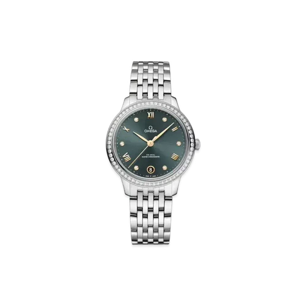 OMEGA De Ville Prestige Pave Diamonds 34MM "Stainless Steel/Pine Green" 434.15.34.20.60.001