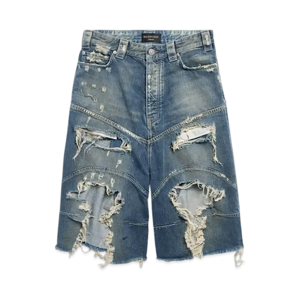 BALENCIAGA Men's Distressed Baggy Shorts "Blue"