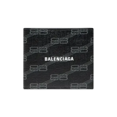BALENCIAGA Signature Square Folded Coin Wallet BB Monogram Coated Canvas "Black/Grey"