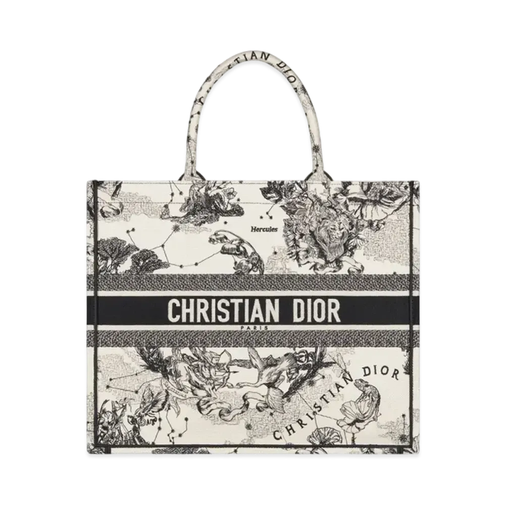 Dior Large Dior Book Tote Toile De Jouy Zodiac Embroidery "Latte/Black"