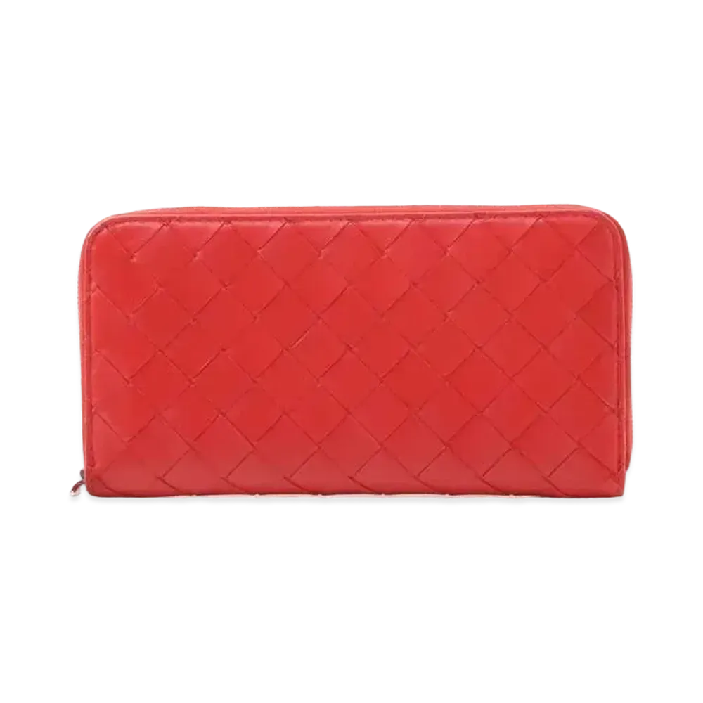 Bottega Veneta Intrecciato Lambskin Calfskin Zip Around Wallet "Bright Red"