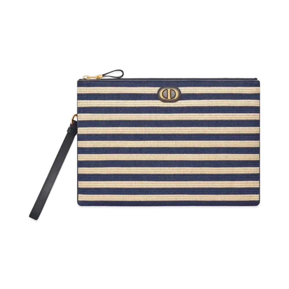 Dior Large Dior Caro Daily Pouch Mariniere Raffia "Natural/Denim Blue"