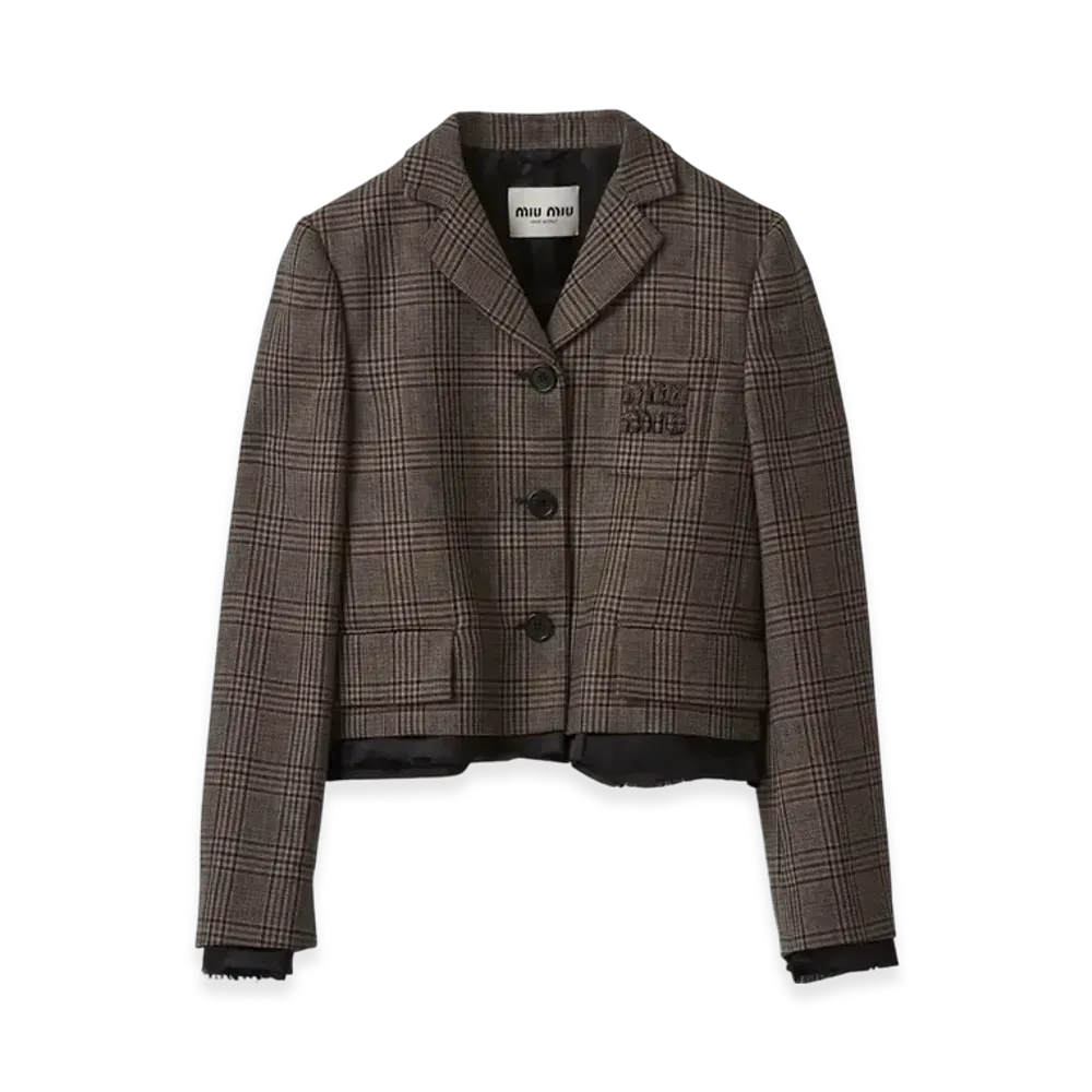 MIU MIU Women's Single Breasted Prince of Wales Check Jacket "Bark Brown"