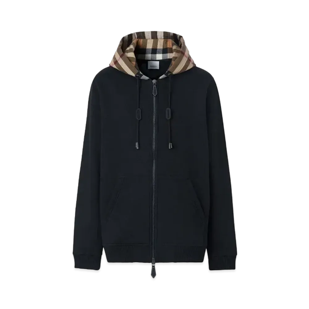 Burberry Men's Check Hood Cotton Zip Hoodie "Black/Archive Beige"