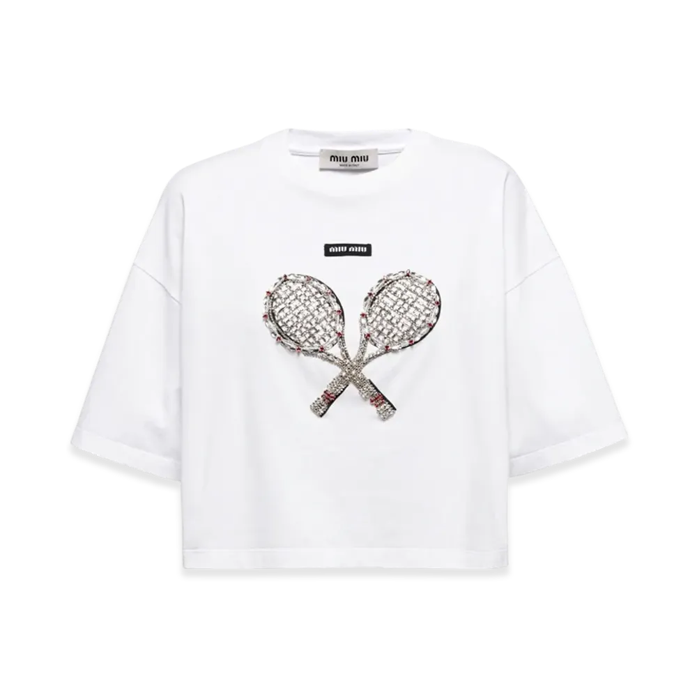 MIU MIU Women's Embroidered Cotton T-Shirt "White"