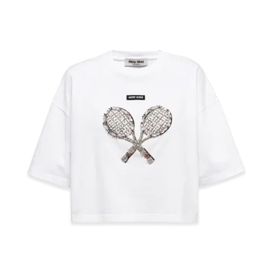 MIU MIU Women's Embroidered Cotton T-Shirt "White"