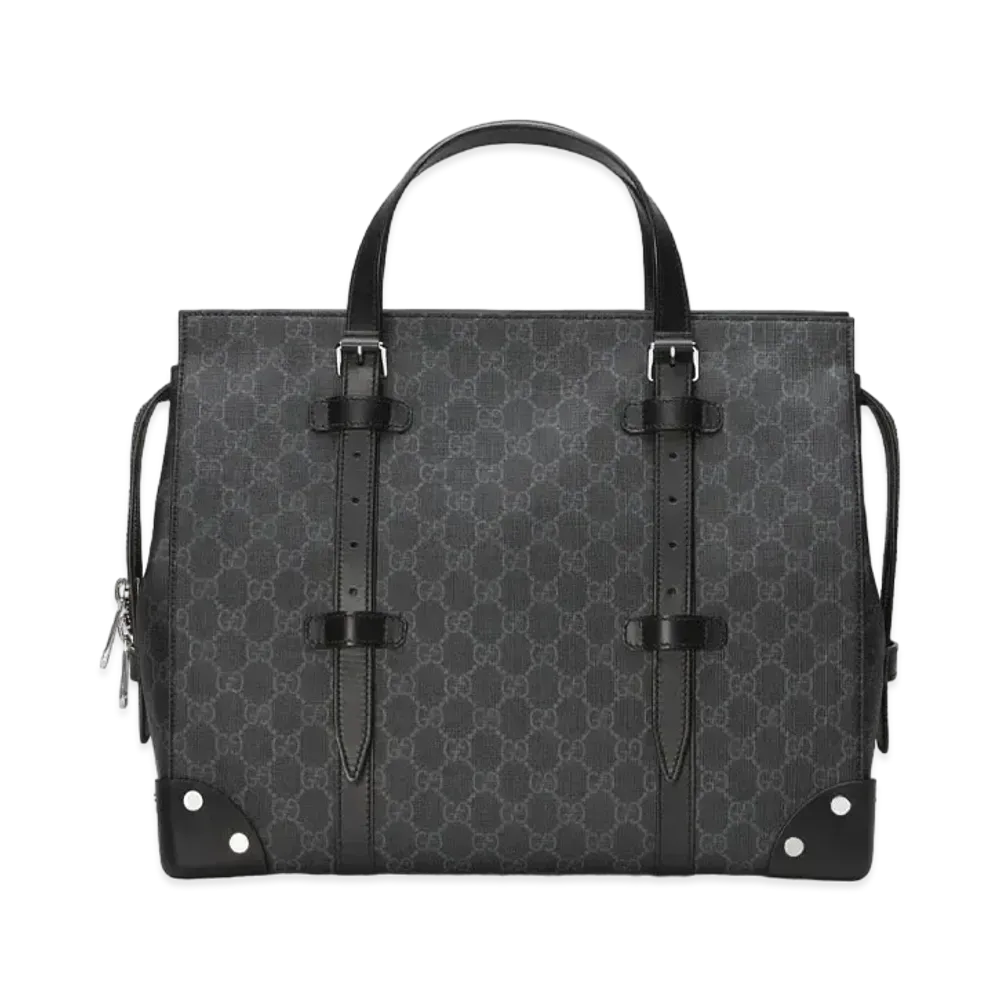 GUCCI GG Tote Bag With Leather Details "Gray/Black"