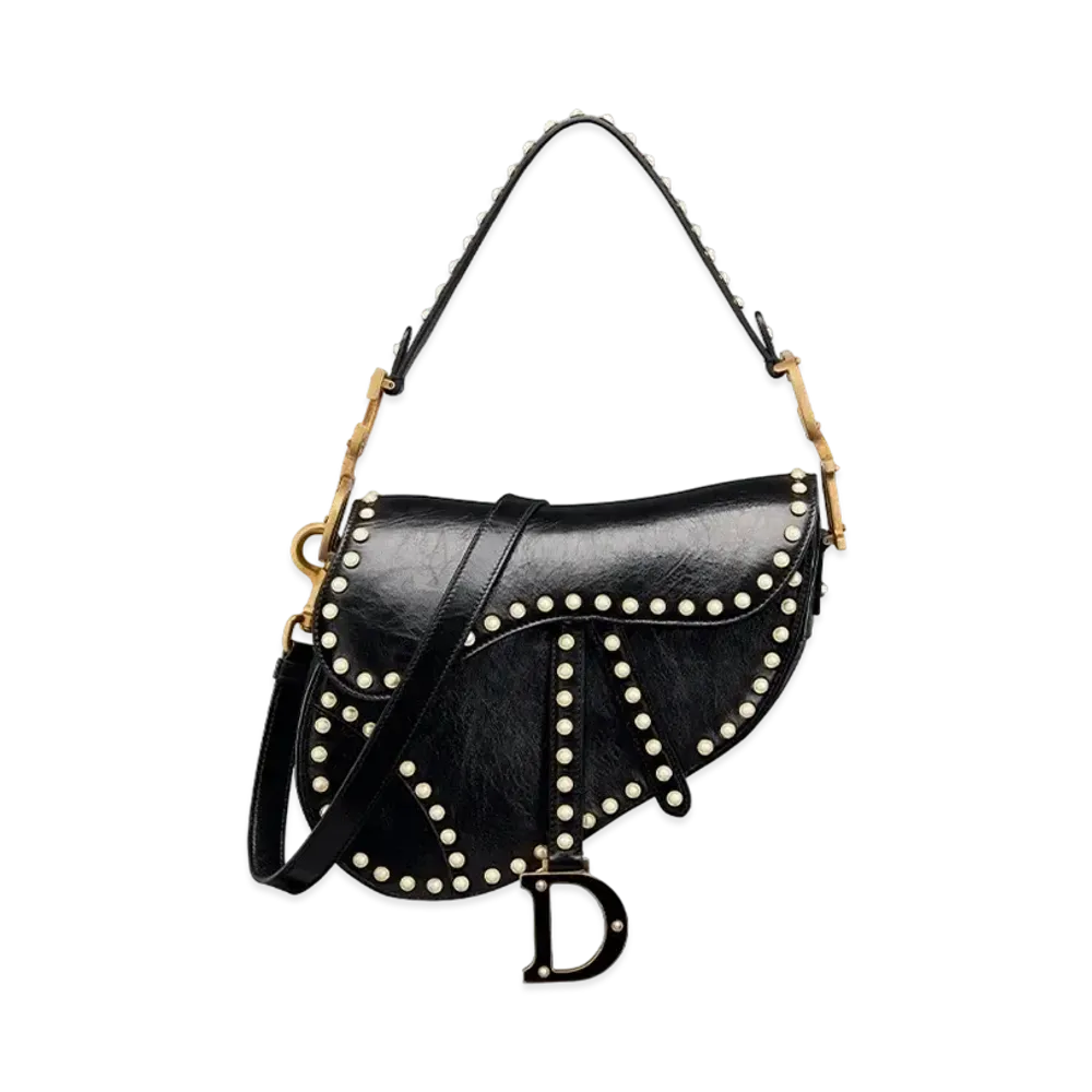 Dior Saddle Bag with Strap Crinkle Effect Resin Pearls "White/Black"