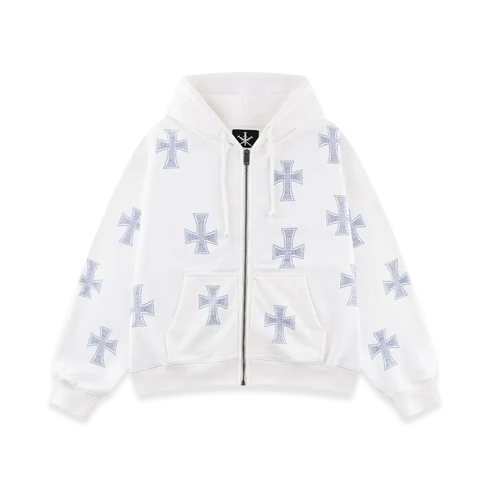 Unknown London Allover Cross Rhinestone Faux Fur Zip Hoodie "White/Blue "
