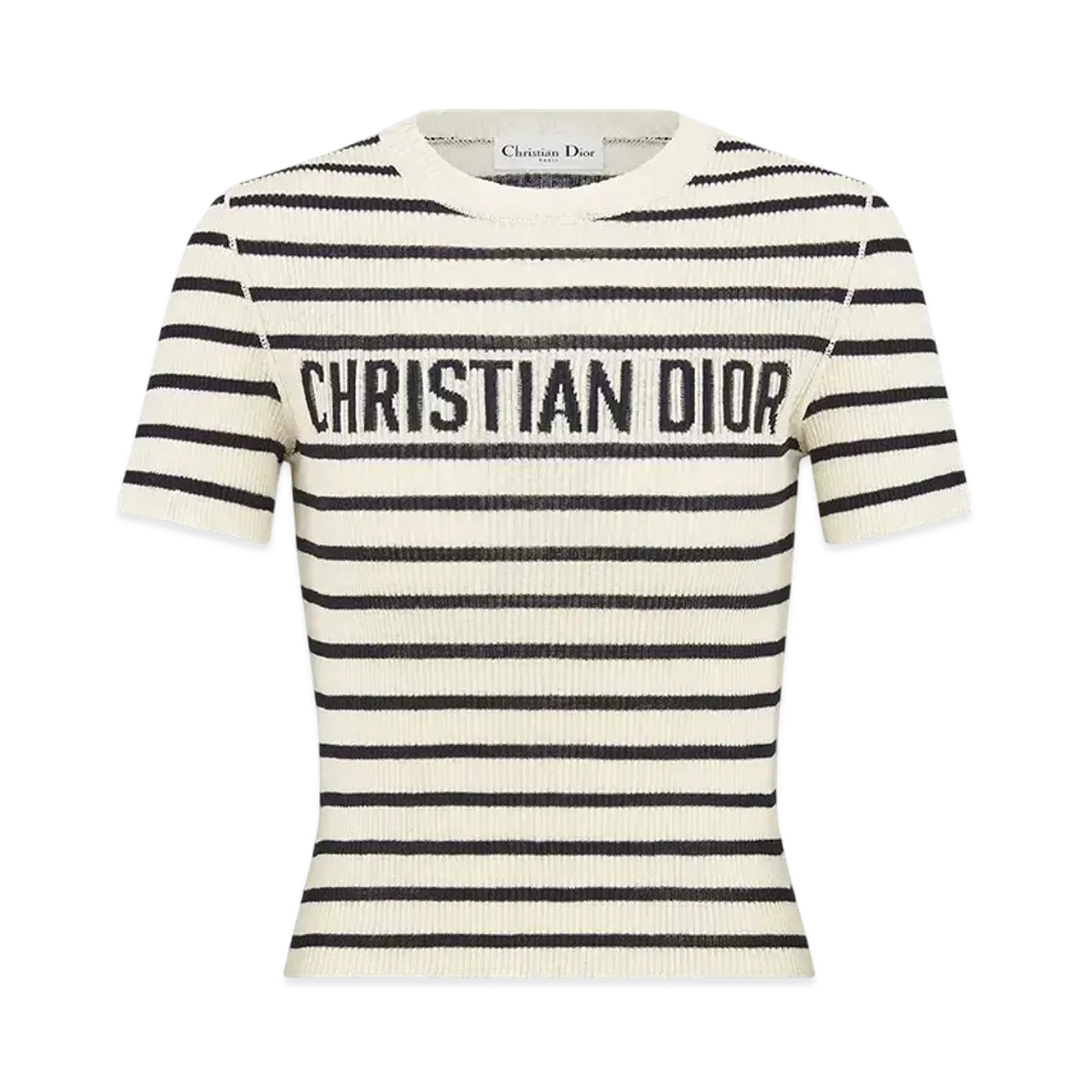 Dior Women's Dioriviera Cropped Short-Sleeved Sweater D-Stripes Linen and Silk Knit "White/Navy Blue"