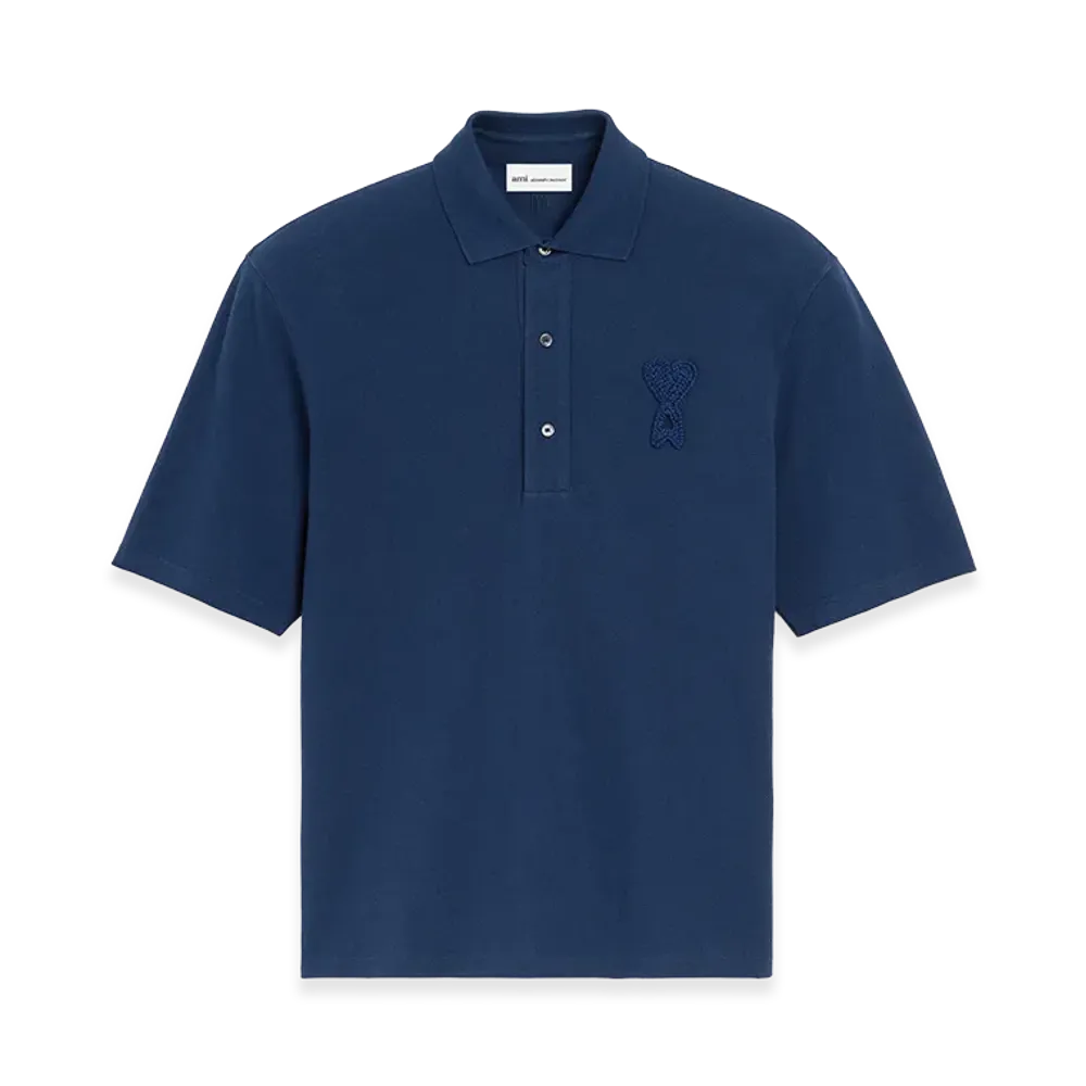 AMI PARIS Cotton Ami De Coeur Knitted Patch Polo "Blue"