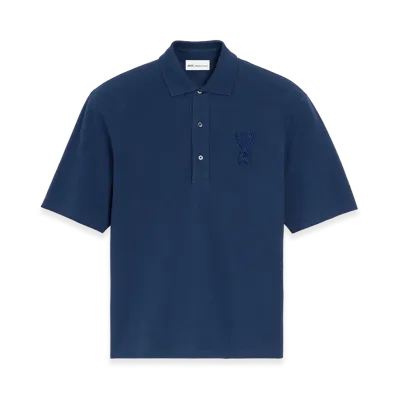 AMI PARIS Cotton Ami De Coeur Knitted Patch Polo "Blue"