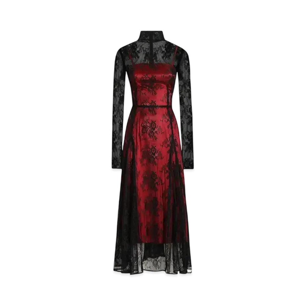 DOLCE&GABBANA Lace Calf-Length Dress With High Neck and Contrasting Lining "Black"