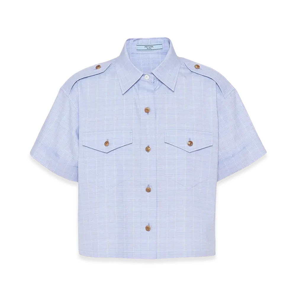 PRADA Women's Short-Sleeved Prince Of Wales Shirt "Sapphire Blue"