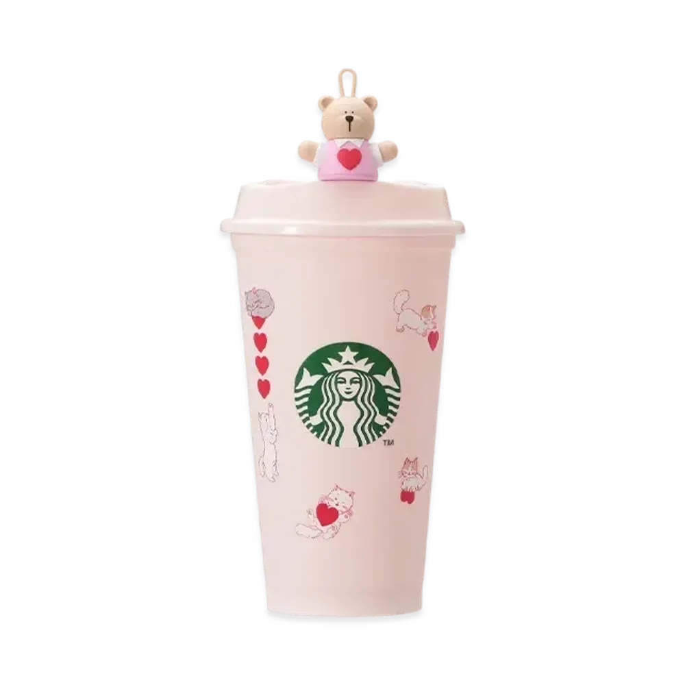 STARBUCKS Valentine 2025 Reusable Cup 473ml/ Valentine 2025 Reusable Cup Exclusive Drink Hole Cap Bearista "Pink"