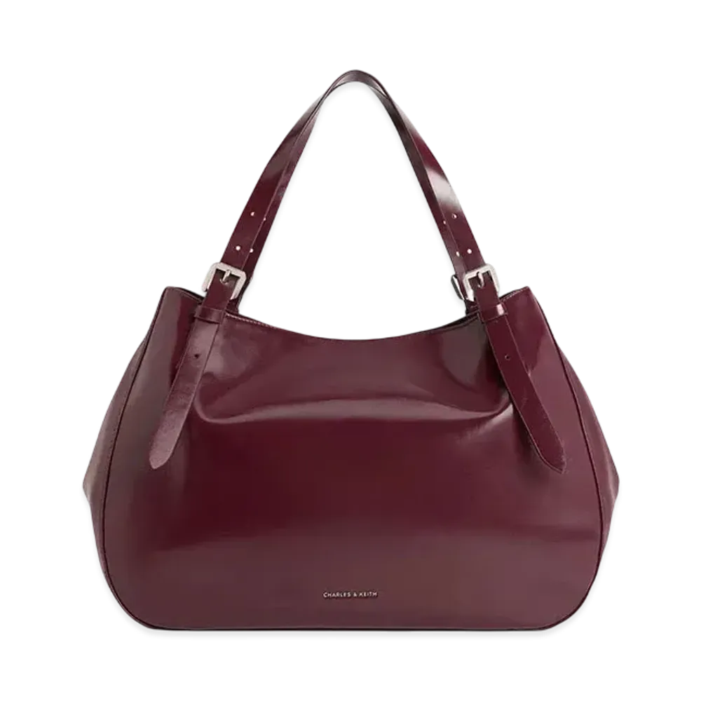 CHARLES & KEITH Buckle Strap Slouchy Tote Bag "Burgundy"