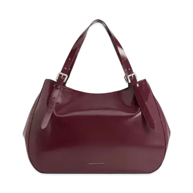 CHARLES & KEITH Buckle Strap Slouchy Tote Bag "Burgundy"