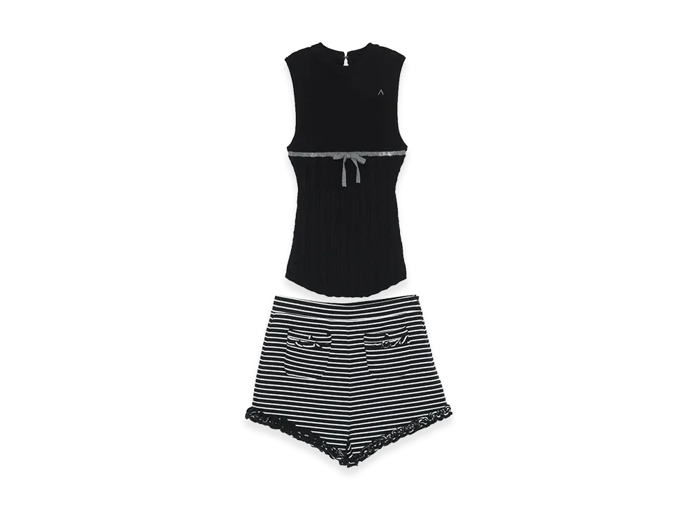 ANDMARY Women's Alice Ribbon Frill Mini Pants Set Up "Black"