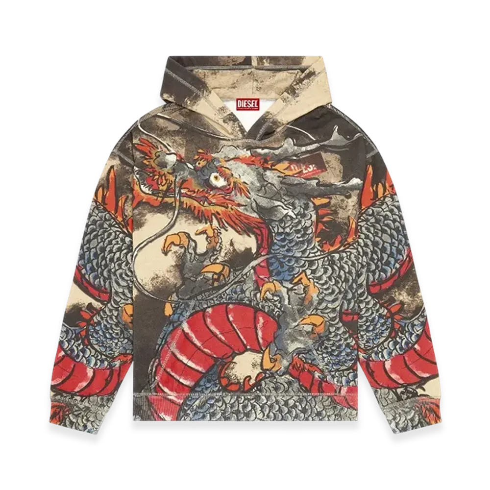 Diesel Cl-S-Boxt-Hood-Dragon Hoodie With Dragon Print "Black Gray"