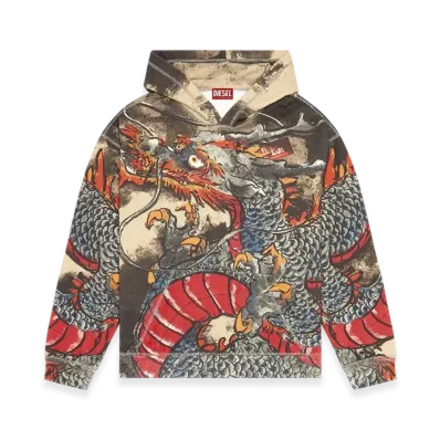 Diesel Cl-S-Boxt-Hood-Dragon Hoodie With Dragon Print "Black Gray"