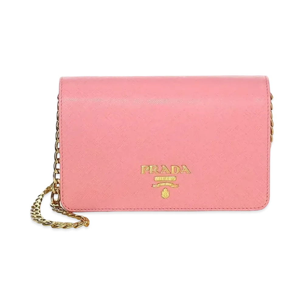 PRADA Saffiano Leather Chain Card Holder "Pink"