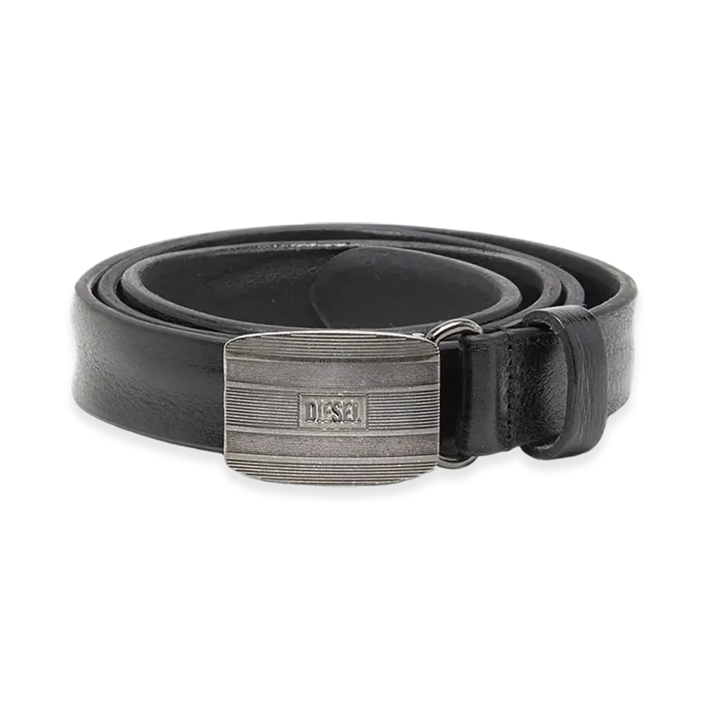 Diesel B-Biscotto Striped 2 Cm Leather Belt With Logo Buckle "Black"