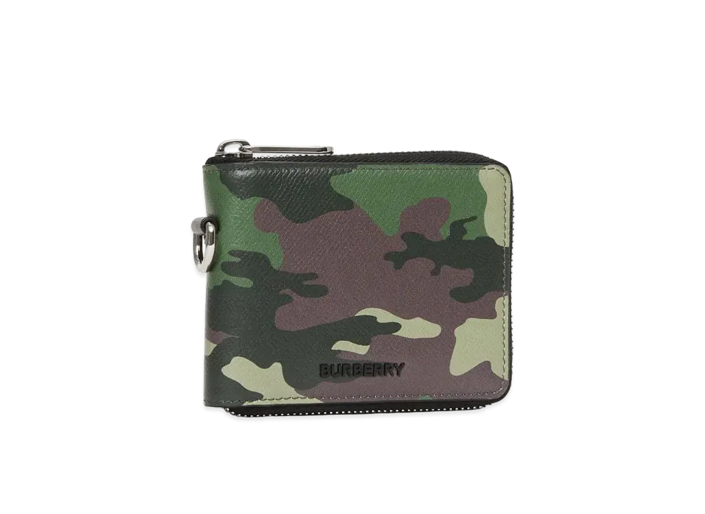 バーバリー カモフラージュプリント レザー ラウンドジップウォレット ランヤード "マングローブグリーン" P80422911