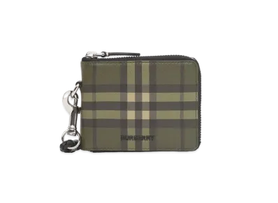 Burberry Check Print Leather Ziparound Wallet Lanyard "Military Green"
