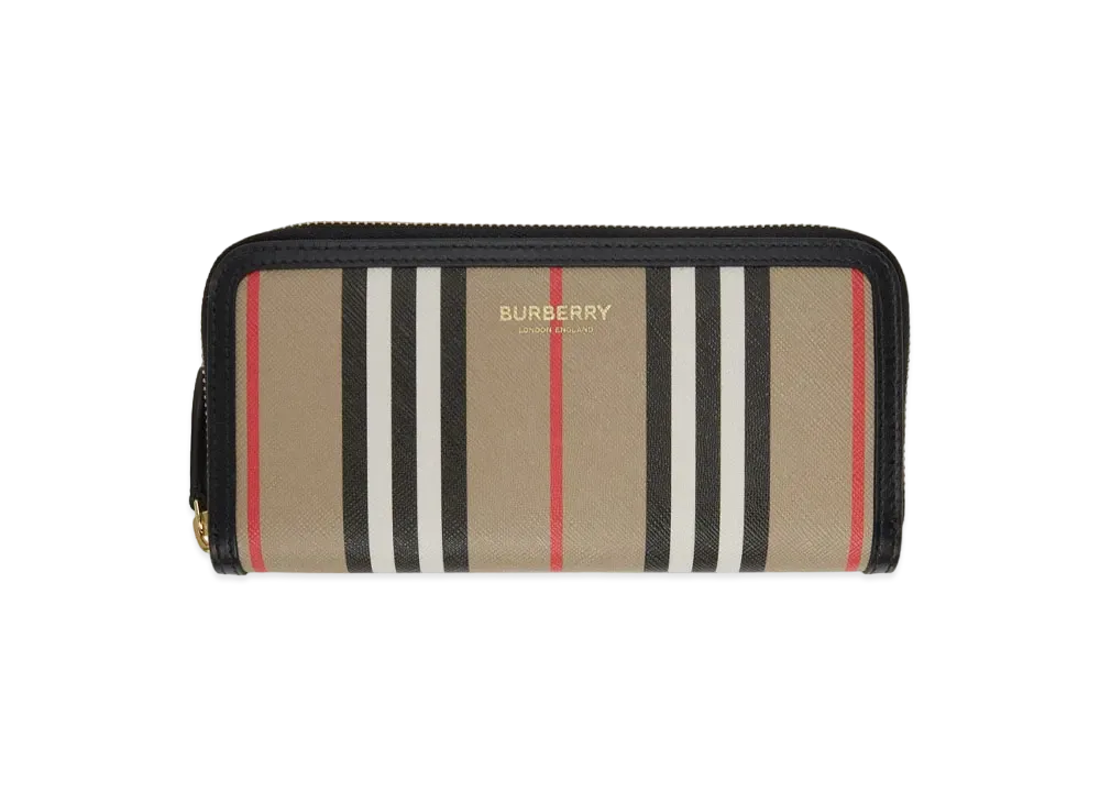 バーバリー アイコンストライプEキャンバス&レザー ラウンドジップウォレット "アーカイブベージュ" P80274271