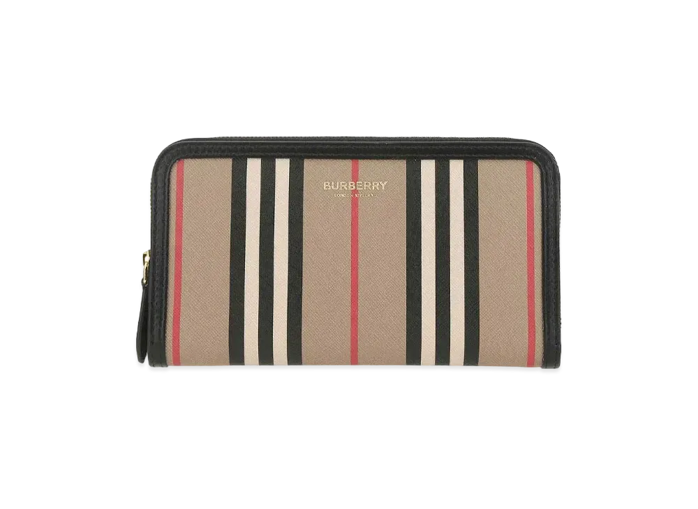 バーバリー アイコンストライプEキャンバス&レザー ラウンドジップウォレット "アーカイブベージュ" P80304481