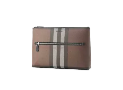 BURBERRY Logo Print Check E-canvas Zip Pouch "Dark Birch Brown"