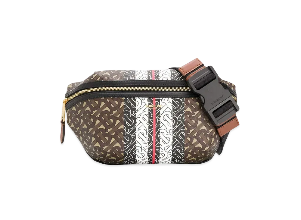 バーバリー ミディアム モノグラムストライプ Eキャンバス バムバッグ "ブラウン" P80214831