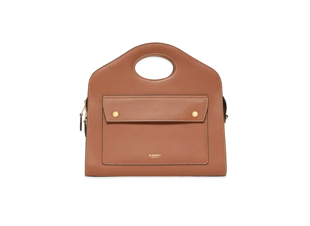 Burberry Small Topstitched Leather Pocket Tote "Malt Brown"