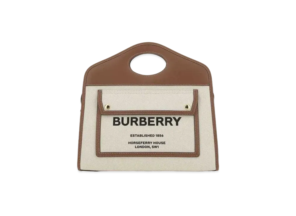 Burberry Small Two Tone Canvasleather Pocket Tote "Natural/Malt Brown"