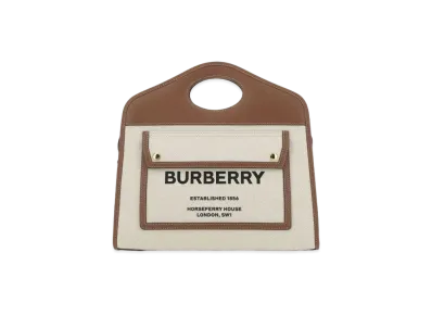 Burberry Small Two Tone Canvasleather Pocket Tote "Natural/Malt Brown"