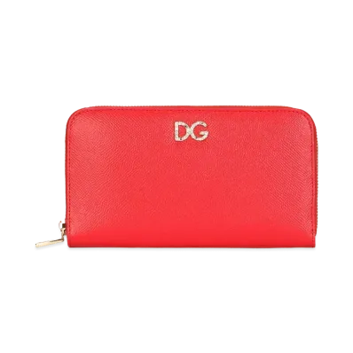 Dolce&Gabbana Zip Around Wallet Dauphine Calfskin DG Rhinestone "Red"