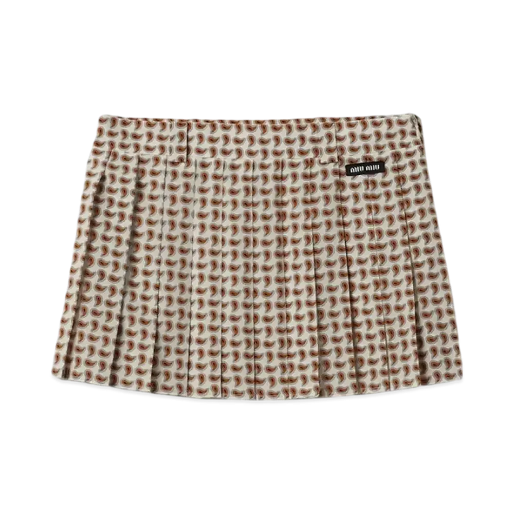 MIU MIU Women's Pleated Paisley Print Marocain Mini Skirt "Avory/Orange"