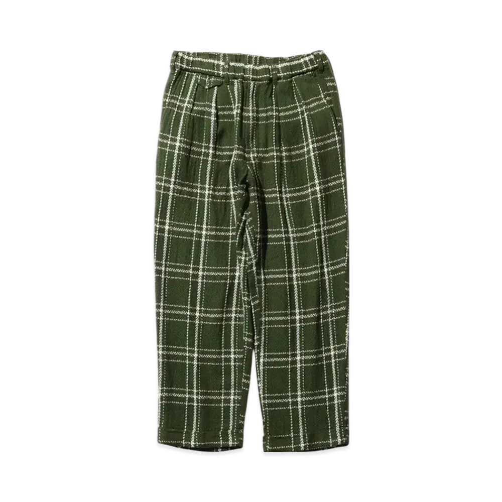 BEAMS 2 Pleats Relax Trousers Loose Weave Plaid "Green"