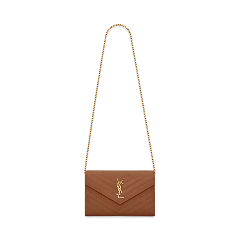 Saint Laurent Monogram Chain Wallet In Grain De Poudre Embossed Leather "Dark Natural"