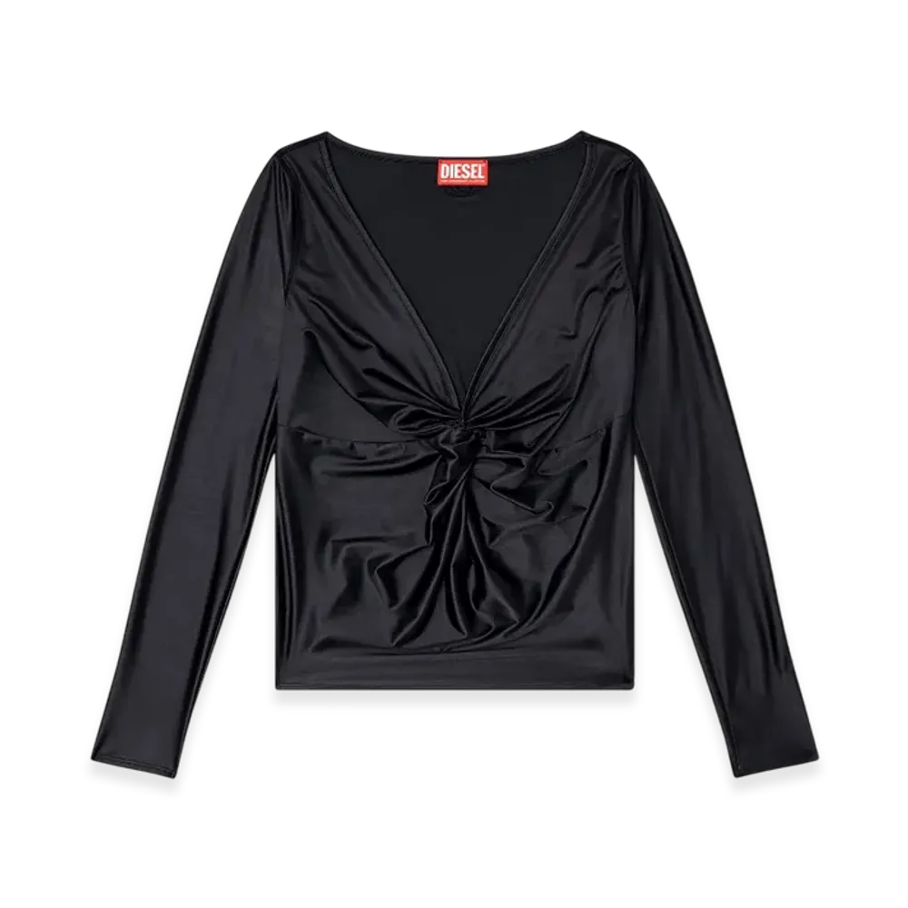 Diesel T-Knot Long Sleeved Gathered V-Neck Top With Chintz Finish "Black"