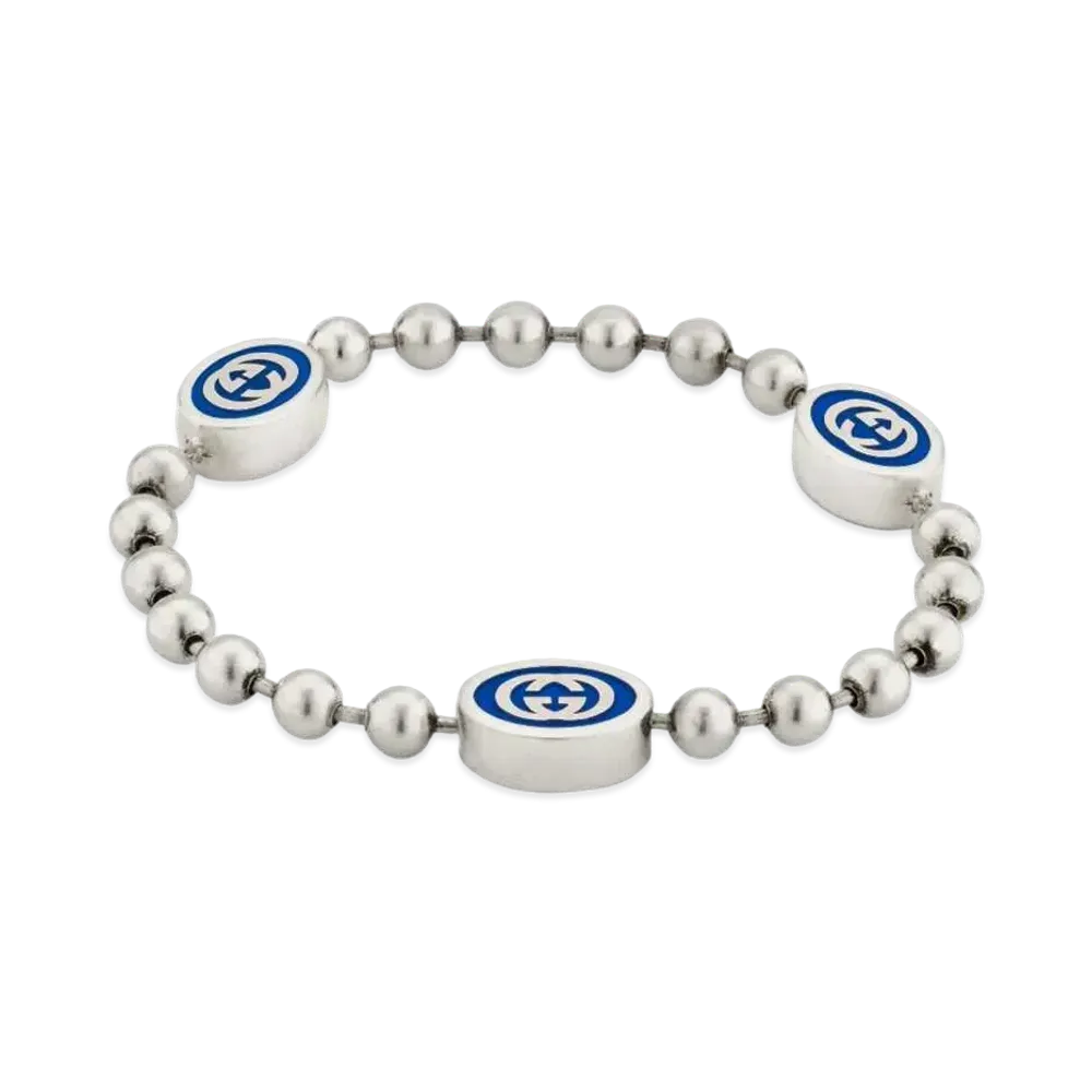GUCCI Interlocking G Bull Chain Bracelet Enamel "Blue/Silver"