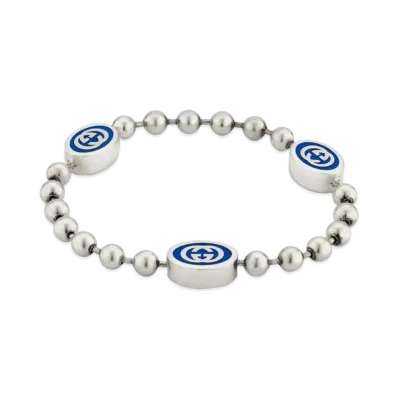 GUCCI Interlocking G Bull Chain Bracelet Enamel "Blue/Silver"